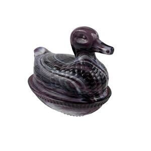 VTG Imperial Glass Purple Slag Duck On Nest Covered Trinket Dish Amethyst Swirl